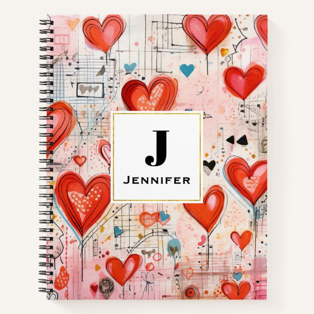 Carnet Red Hearts Whimsical Love Motif Monogramme (Devant)