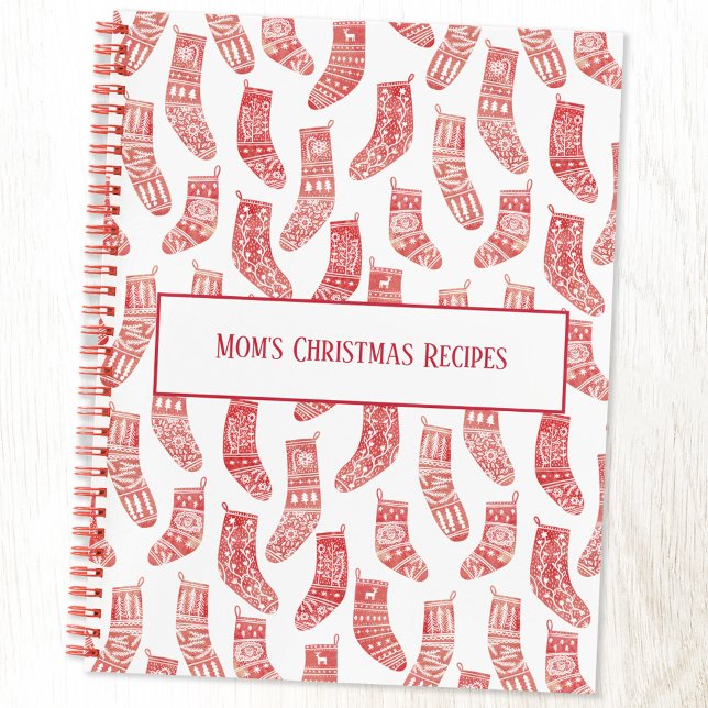 Carnet Red Nordic Bas Custom Christmas Recette (Nordic Stockings red and white pattern recipe book with editable text)
