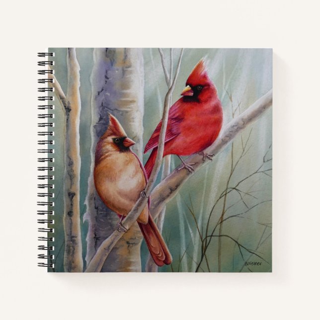 Carnet Red Northern Cardinal Bird Pair Aquarelle Art (Devant)
