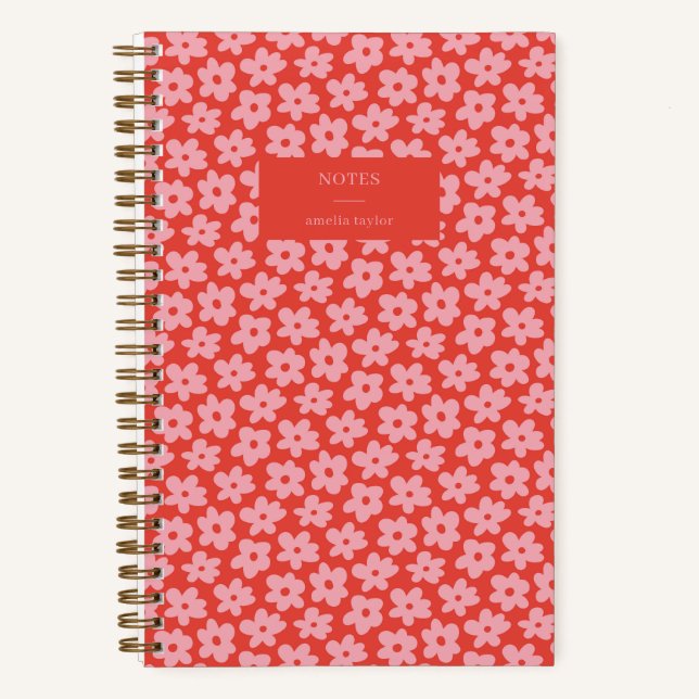 Carnet Red Pink Retro Daisy Pattern Personalized Name (Recto)