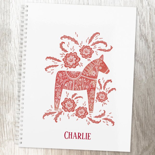 Carnet Red Swedish Dala Horse Nom personnalisé (Swedish Dala Horse red and white folk art personalized name notebook with choice of interior)