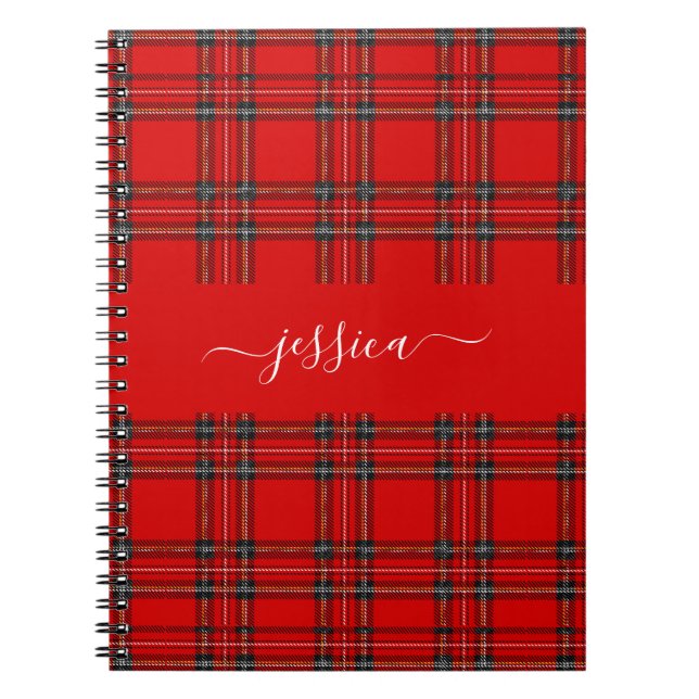 Carnet Red tartan plaid script name binder (Devant)