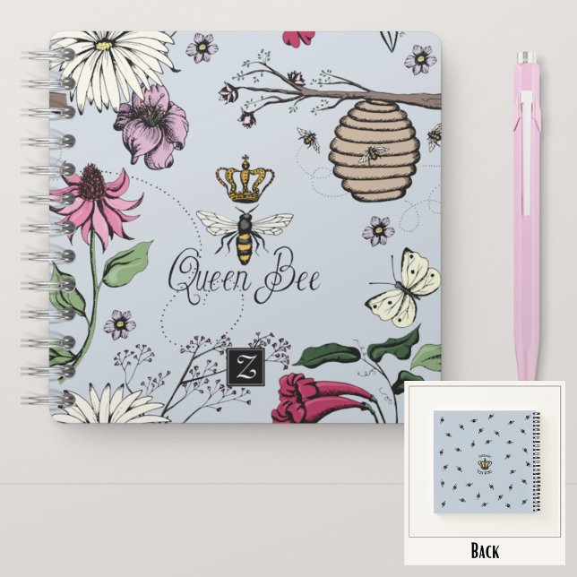 Carnet Reine Abeille Bleu Clair Amusant et Couronne Flora (Royal Queen Bee Hand-Drawn Design & Monogram
On the Back: Pattern & Editable "Mommy You Rule" Text)