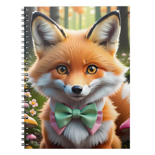Carnet Renard mignon avec un nœud vert et rose (Devant)