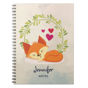 Carnet Renard orange mignon avec Coeurs et une couronne v