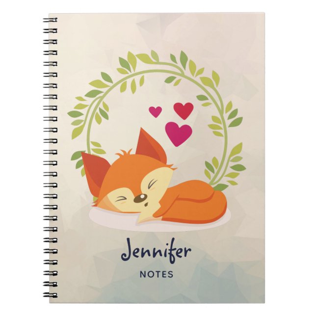 Carnet Renard orange mignon avec Coeurs et une couronne v (Devant)