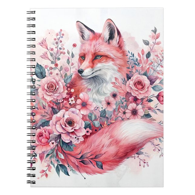 Carnet Renard rose Floral Aquarelle Art (Devant)
