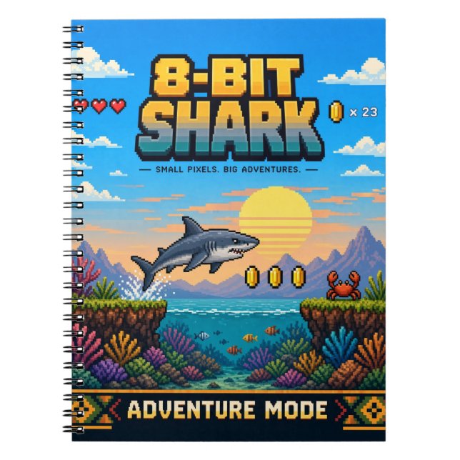 Carnet Requin, Rétro Pixel Art 8-Bit (Devant)