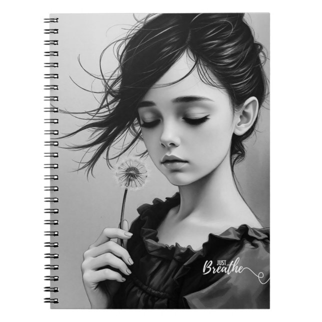 Carnet "Respirez simplement" Fille du Pissenlit Noir et B (Devant)