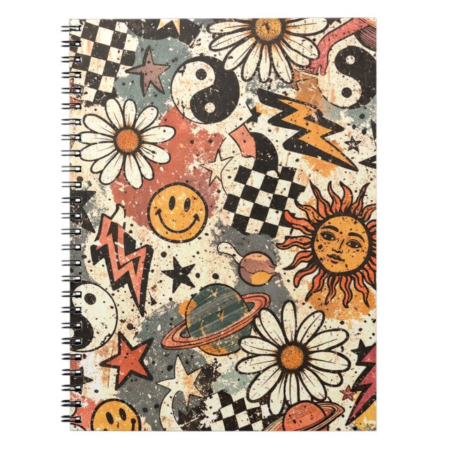 Carnet Retro 90s Psychedelic Doodle Pattern with Yin Yang (Devant)