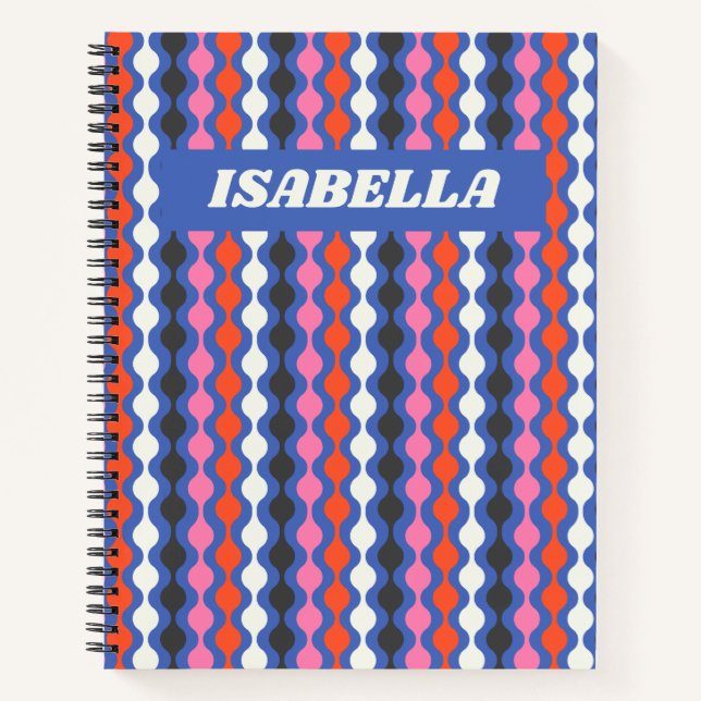 Carnet Retro Abstrait Stripes bleu rose Nom personnalisé (Devant)