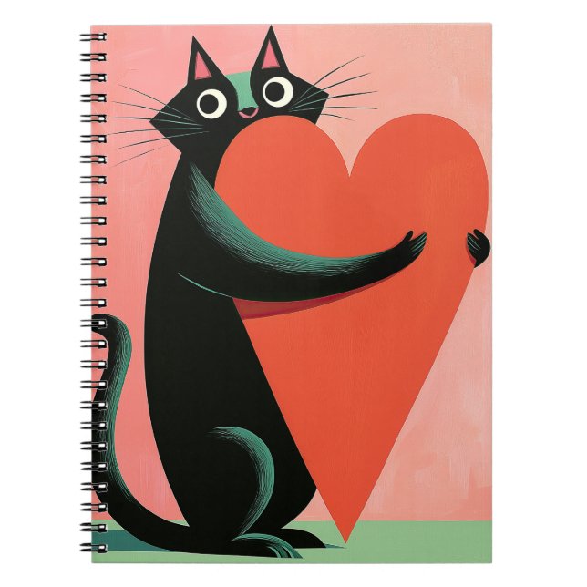 Carnet Rétro Chat Noir Cœur Mignon Milieu du Siècle (Devant)