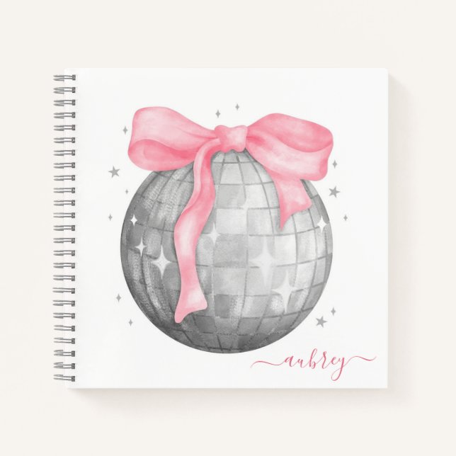Carnet Retro Coquette Boule à facettes argent Ruban rose (Devant)