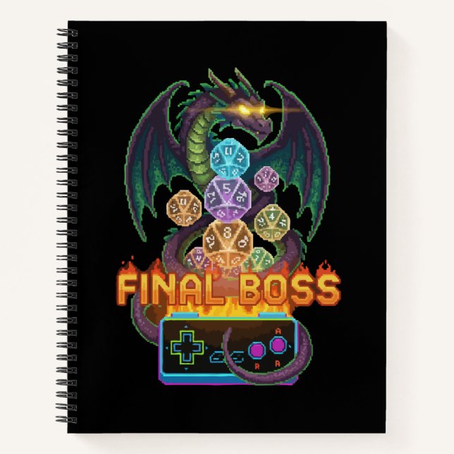 Carnet Retro Dragon du Boss Final & Dice | Gamer TTRPG Pi (Devant)