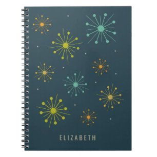 Carnet Retro Fireworks Starbursts on Dark Blue Midcentury