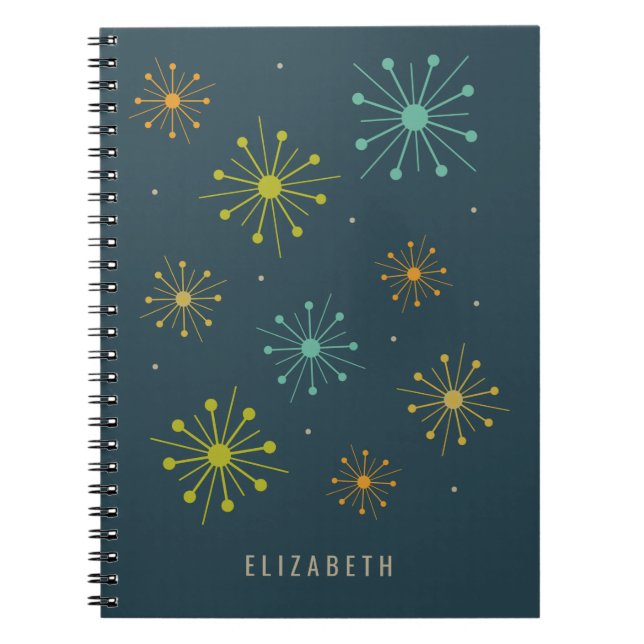 Carnet Retro Fireworks Starbursts on Dark Blue Midcentury (Devant)