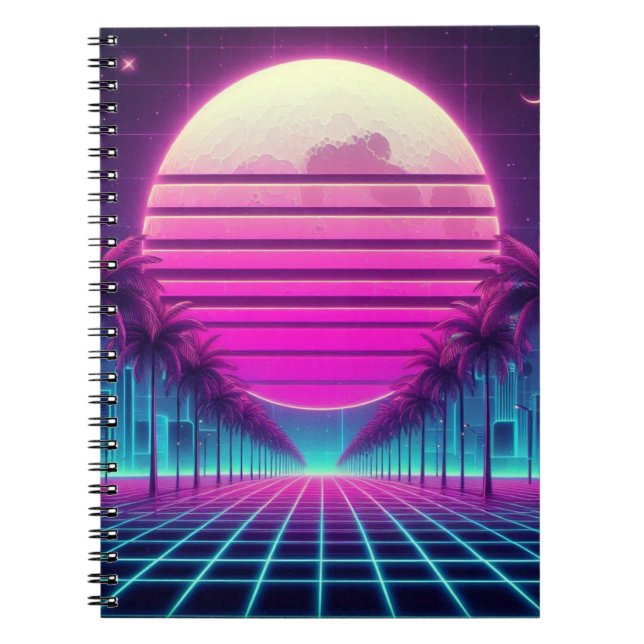 Carnet rétro, néon des années 80 coucher de soleil/palmie (Devant)