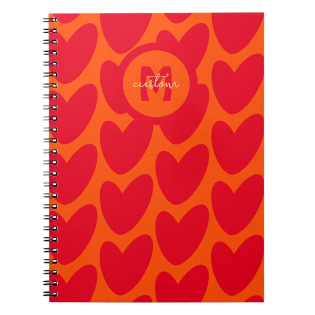 Carnet Retro Orange Super Red Hearts Nom sur Monogramme (Devant)