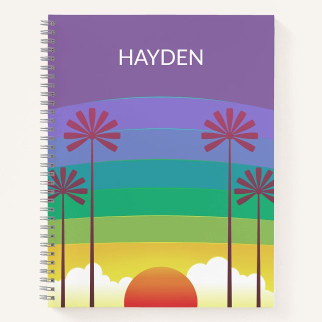 Carnet Retro Purple Sunset Palm Trees Art Personalised (Devant)
