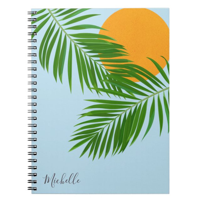 Carnet Retro Tropical Sun Palm Feuille Blue Minimal Nom (Devant)