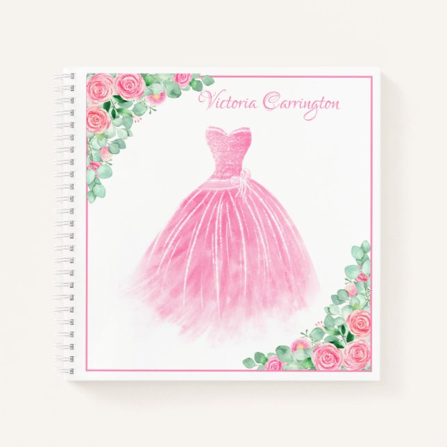 Carnet Robe rose Floral Élégant Script Customisé (Devant)