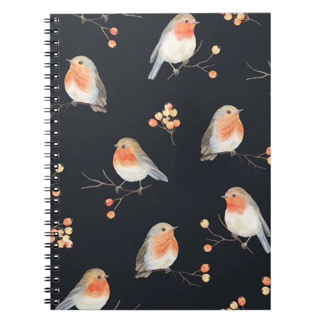 Carnet Robins, baies de rowan, motif d'aquarelle d'hiver. (Devant)