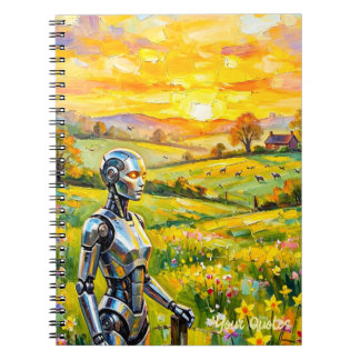 Carnet Robot métallique dans une prairie au coucher du so