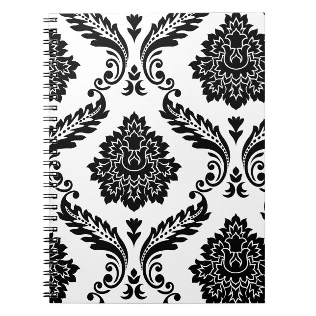 Carnet Rococo Damask Grand motif décalé Noir sur Blanc (Devant)