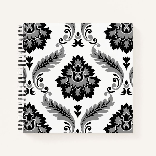 Carnet Rococo Damask Grand Motif Gris Noir Blanc (Devant)