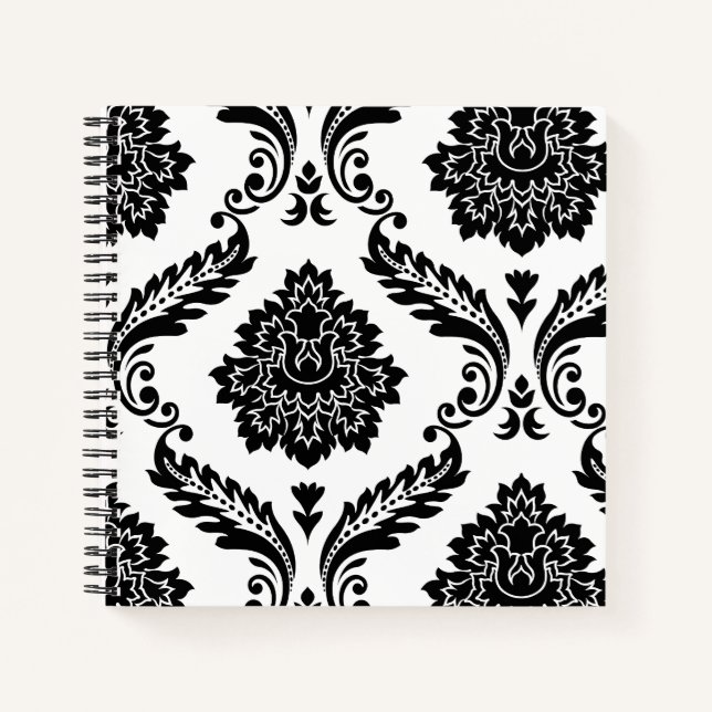 Carnet Rococo Damassé Grand Motif Décalé Noir sur Blanc (Devant)