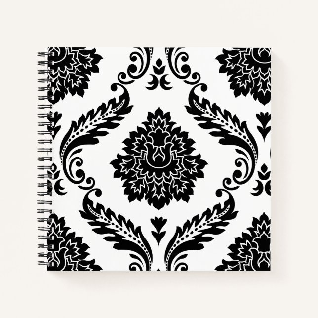 Carnet Rococo Damassé Grand Motif Noir sur Blanc (Devant)