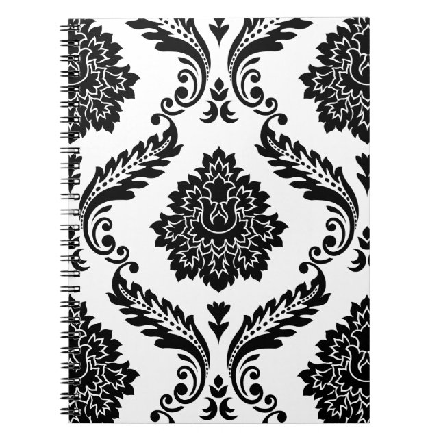 Carnet Rococo Damassé Grand Motif Noir sur Blanc (Devant)