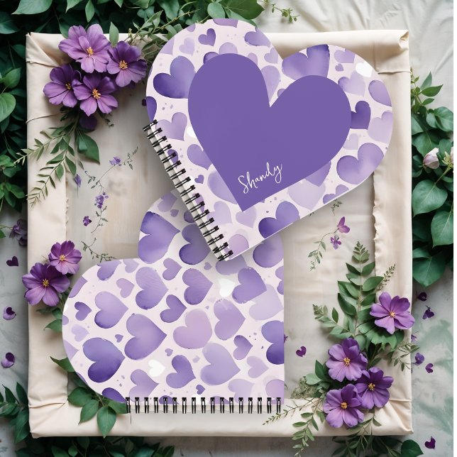 Carnet Romantic Purple Shades Watercolor Effect Hearts  (Romantic Purple Shades Watercolor Effect Hearts Notebooks in Heart-Shape.)