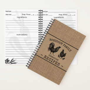 Carnet Rooster Hen Famille Ferme Burlap Kraft Recette