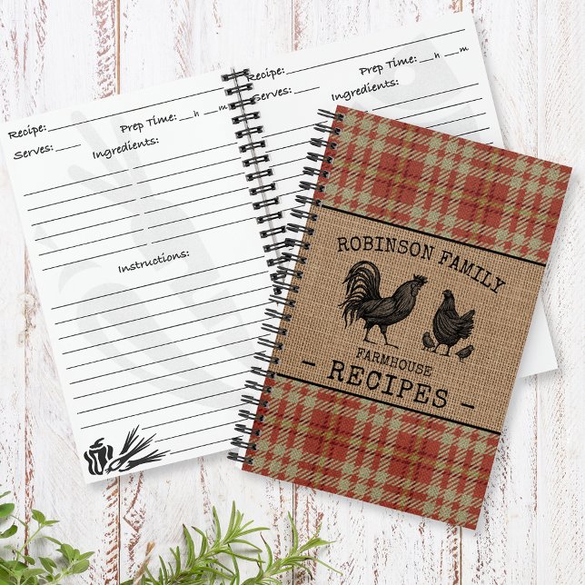 Carnet Rooster Hen Famille Ferme Rouge Plaid Recette (Several sizes and page designs to choose from)