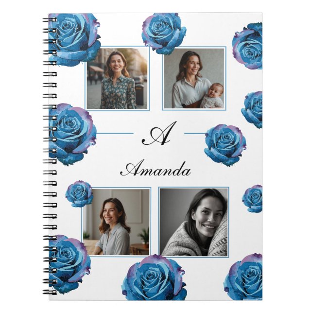 Carnet Rose bleu moderne Monogramme Photo Collage Personn (Devant)
