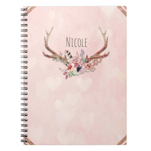 Carnet Rose Blush Floral Roseaux Cerf Boheme Chic (Devant)
