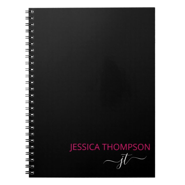 Carnet Rose Chaud Moderne Noir Simple Monogramme Nom (Devant)
