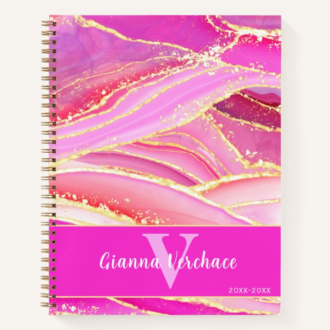 Carnet Rose chaud Purples Rouges et Golden Geode Agate (Devant)
