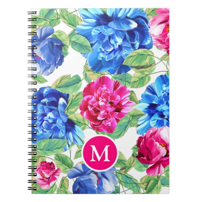 Carnet Rose Clair et Bleu Floral Joliment Monogrammé (Devant)