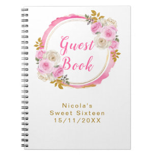Carnet Rose Clair et Or Élégantes Fleurs Sweet Sixteen