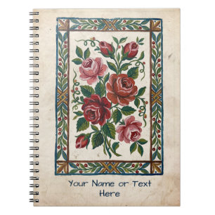 Carnet Rose d'art populaire français - Fleur florale naïv
