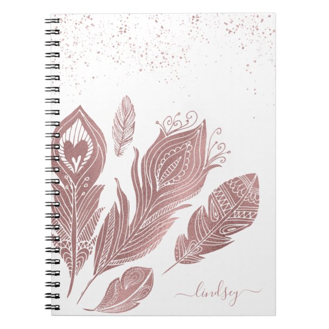 Carnet Rose Élégante Faux Paillettes Plume Personnalisée (Devant)