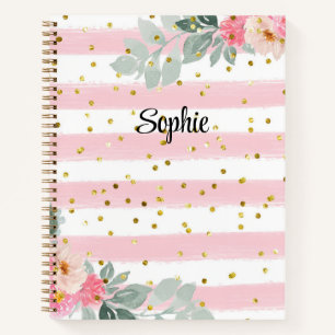 Carnet Rose et blanc rayé Fleurs personnalisées avec pail