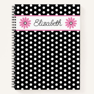 Carnet Rose et noir avec pois blancs personnalisés