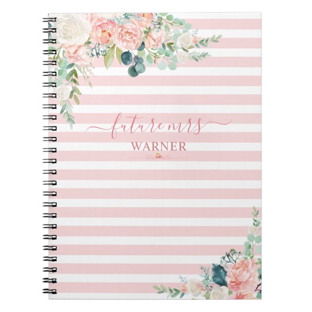 Carnet Rose Floral Gold Pink Stripe Script Futur Mme. (Devant)