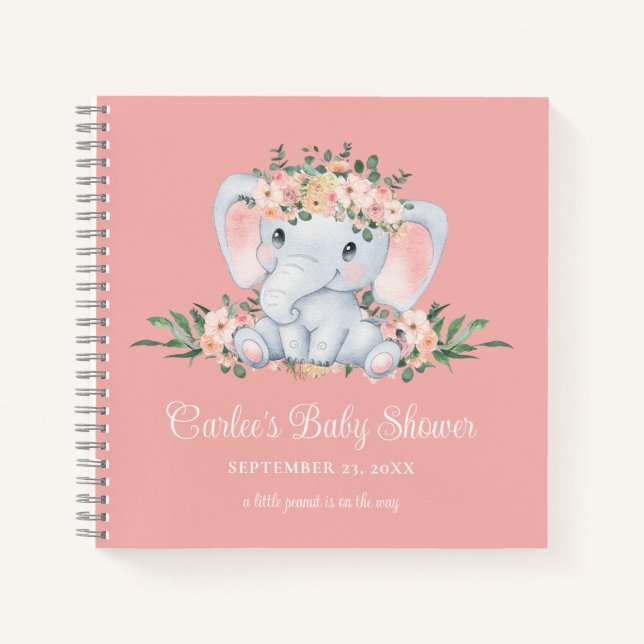 Carnet Rose Floral mignon Eléphant bébé Baby shower fille (Devant)