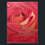 Carnet Rose Gold 80th Birthday Celebration Guest Book<br><div class="desc">Photo florale d'un rose en fleurs rouge pâle avec un léger flou pour ajouter de la douceur à l'image. Conception sur carnet en spirale pour la célébration du 80e anniversaire (couleur jaune couleur foncée pour obtenir l'ombre portée) nom à customiser. Vous pouvez facilement modifier le texte (police, couleur, taille et...</div>