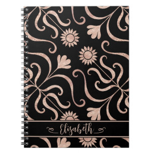 Carnet Rose Gold & Black Floral Damask Sunflower Classy