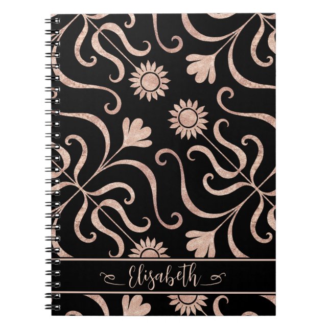 Carnet Rose Gold & Black Floral Damask Sunflower Classy (Devant)